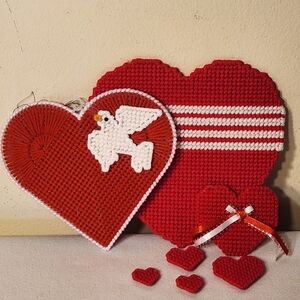 Seven Vintage Plastic Canvas Valentines Day Heart Magnets and Hangng Heart decor